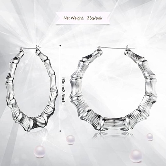 Bamboo Style Silver Hoop Dangle Drop 3.5” Length Fashion Earrings. - Picture 3 of 3